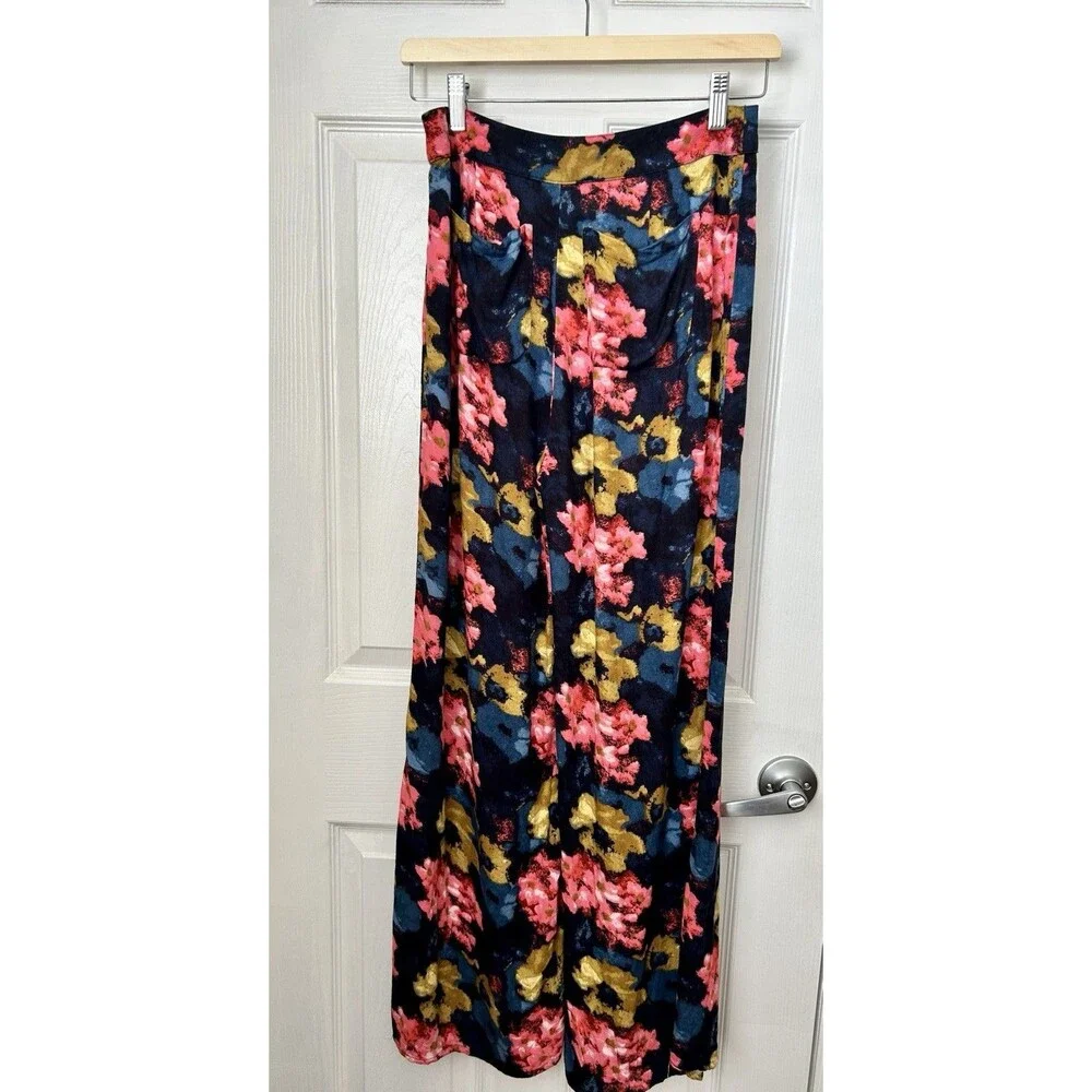 Abercrombie & Fitch Floral Wide Leg Flowy Colorful Pants Black Flat Front Size 2 - Picture 10 of 14